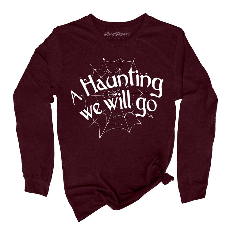 A Haunting We Will Go Graphic Long Sleeve Tee - Heather Cardinal