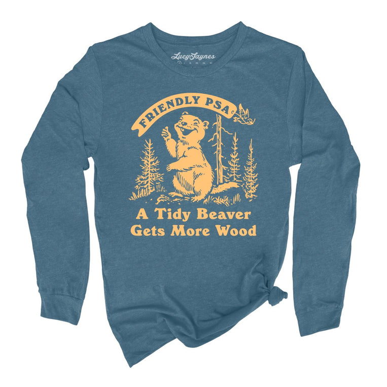 A Tidy Beaver Gets More Wood Graphic Long Sleeve Tee - Heather Deep Teal