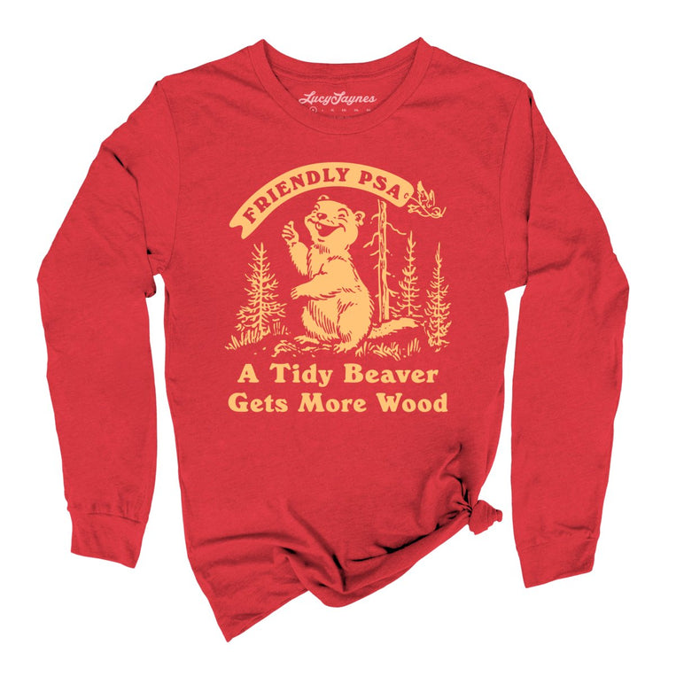 A Tidy Beaver Gets More Wood Graphic Long Sleeve Tee - Red
