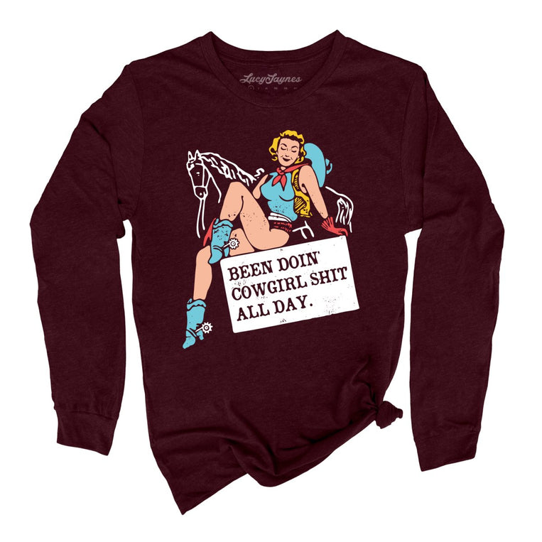 Been Doin' Cowgirl Shit All Day Graphic Long Sleeve Tee - Heather Cardinal