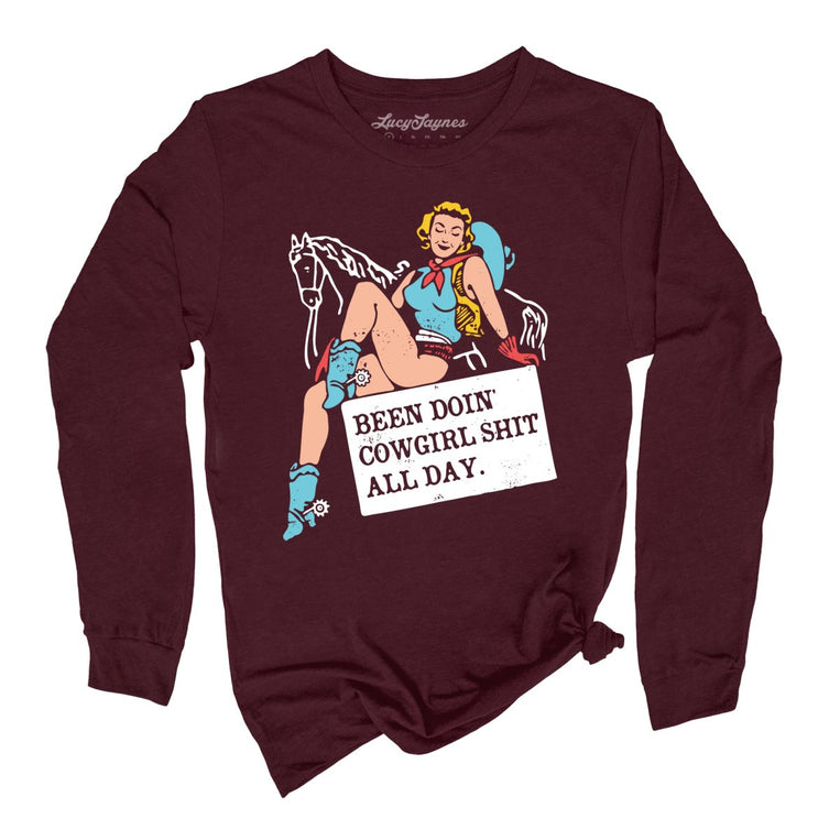 Been Doin' Cowgirl Shit All Day Graphic Long Sleeve Tee - Heather Maroon
