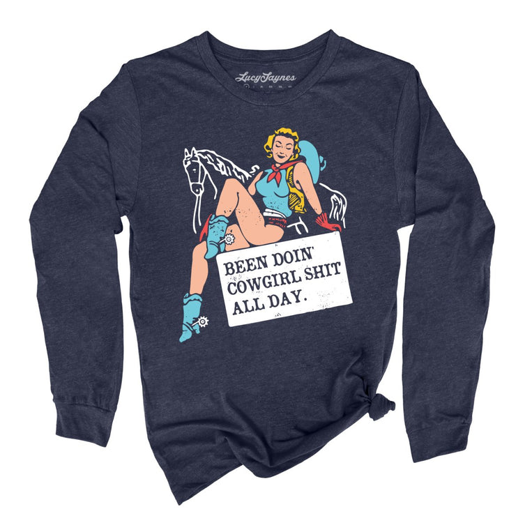 Been Doin' Cowgirl Shit All Day Graphic Long Sleeve Tee - Heather Navy