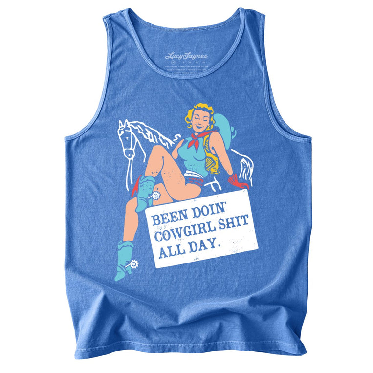 Been Doin' Cowgirl Shit All Day Comfort Colors Graphic Tank Top - Flo Blue