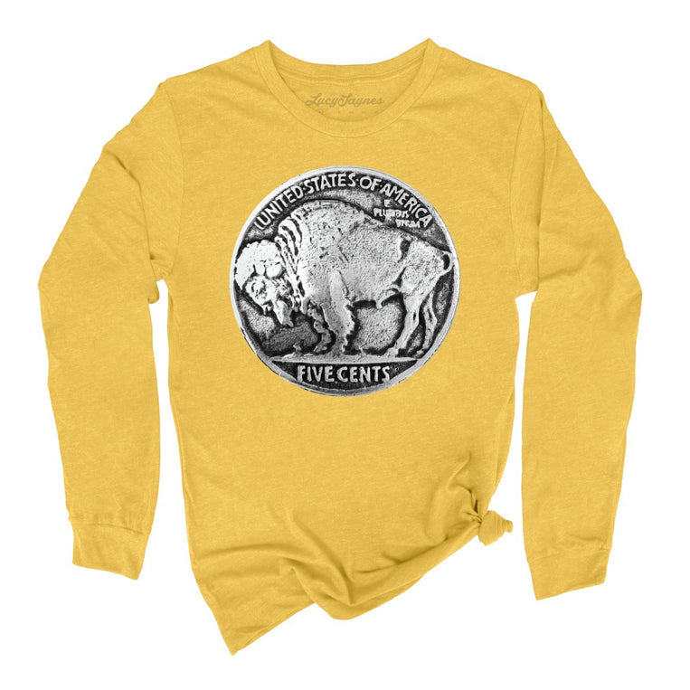 Buffalo Nickel Graphic Long Sleeve Tee - Heather Yellow Gold