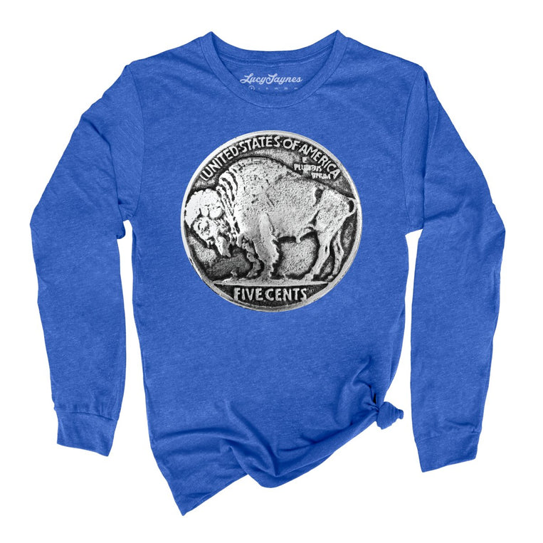 Buffalo Nickel Graphic Long Sleeve Tee - Heather True Royal