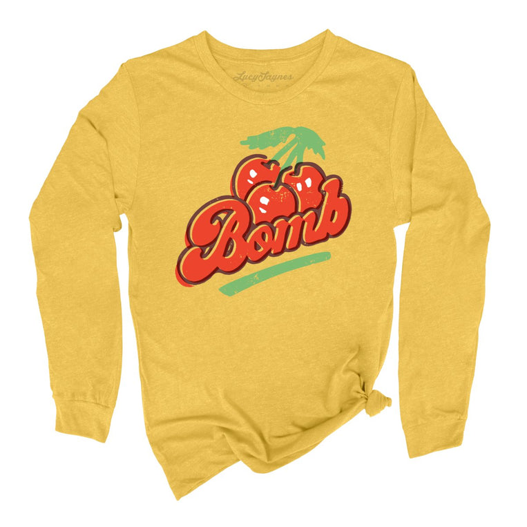Cherry Bomb Graphic Long Sleeve Tee - Heather Yellow Gold