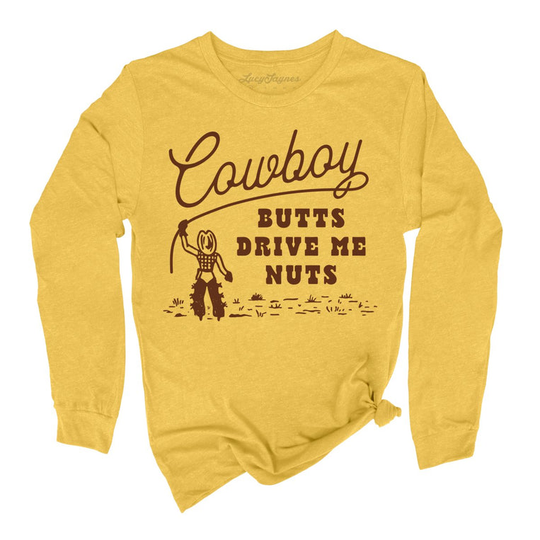 Cowboy Butts Drive Me Nuts Graphic Long Sleeve Tee - Heather Yellow Gold