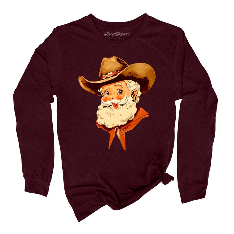 Cowboy Santa Graphic Long Sleeve Tee - Heather Cardinal
