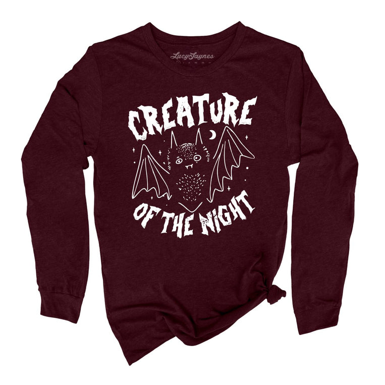 Creature of The Night Graphic Long Sleeve Tee - Heather Cardinal