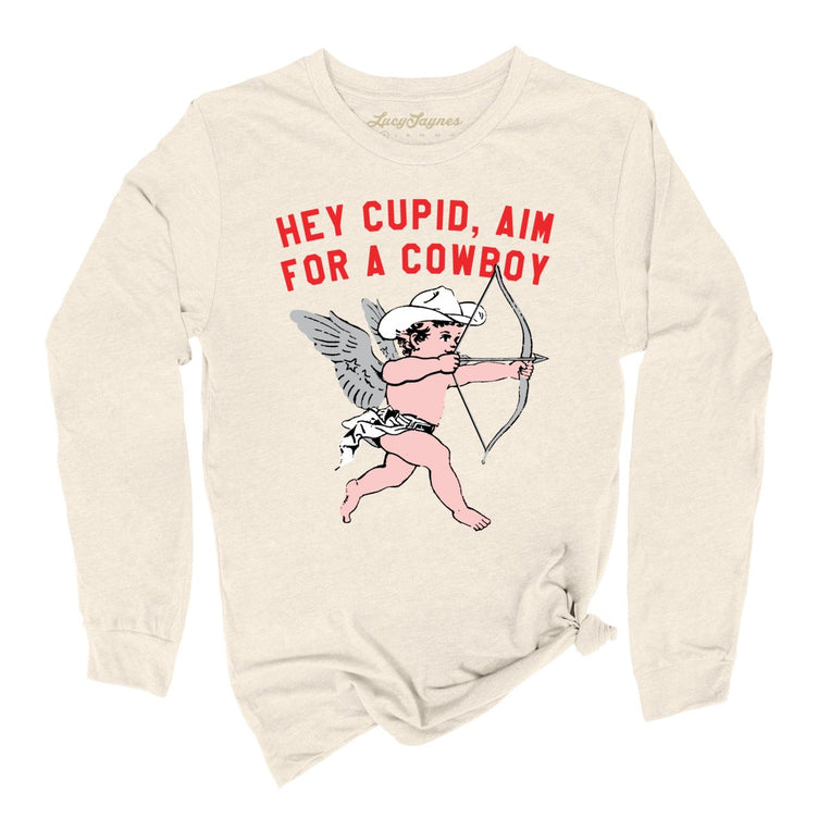 Cupid Aim For A Cowboy Graphic Long Sleeve Tee - Natural