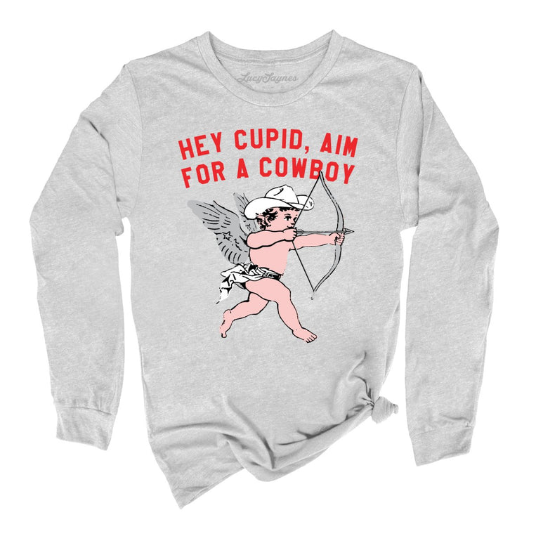 Cupid Aim For A Cowboy Graphic Long Sleeve Tee - Athletic Heather