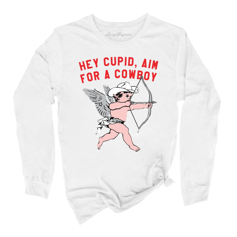 Cupid Aim For A Cowboy Graphic Long Sleeve Tee - White