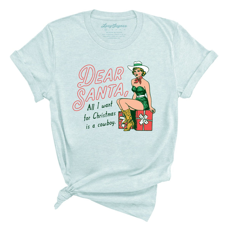 Dear Santa Cowboy Graphic Tee - Heather Ice Blue