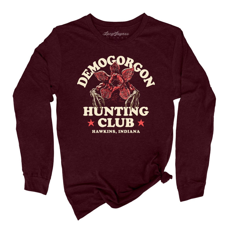 Demogorgon Hunting Club Graphic Long Sleeve Tee - Heather Cardinal