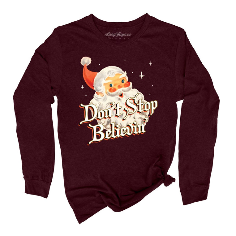 Don't Stop Believin' Graphic Long Sleeve Tee - Heather Cardinal