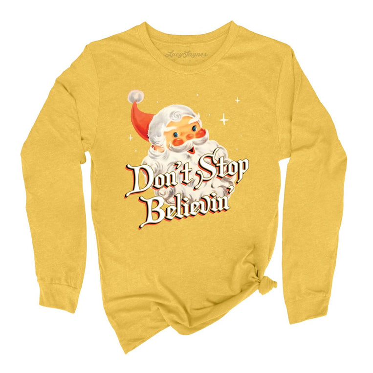 Don't Stop Believin' Graphic Long Sleeve Tee - Heather Yellow Gold