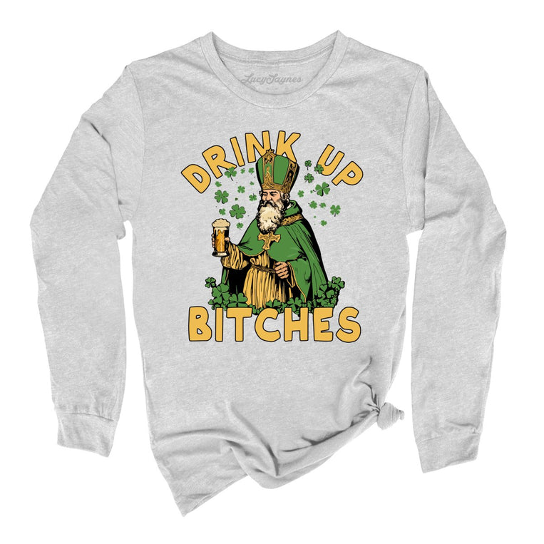 Drink Up Bitches Graphic Long Sleeve Tee - Athletic Heather