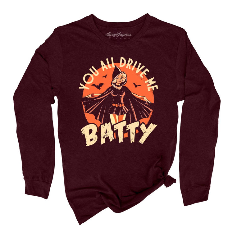 Drive Me Batty Graphic Long Sleeve Tee - Heather Cardinal