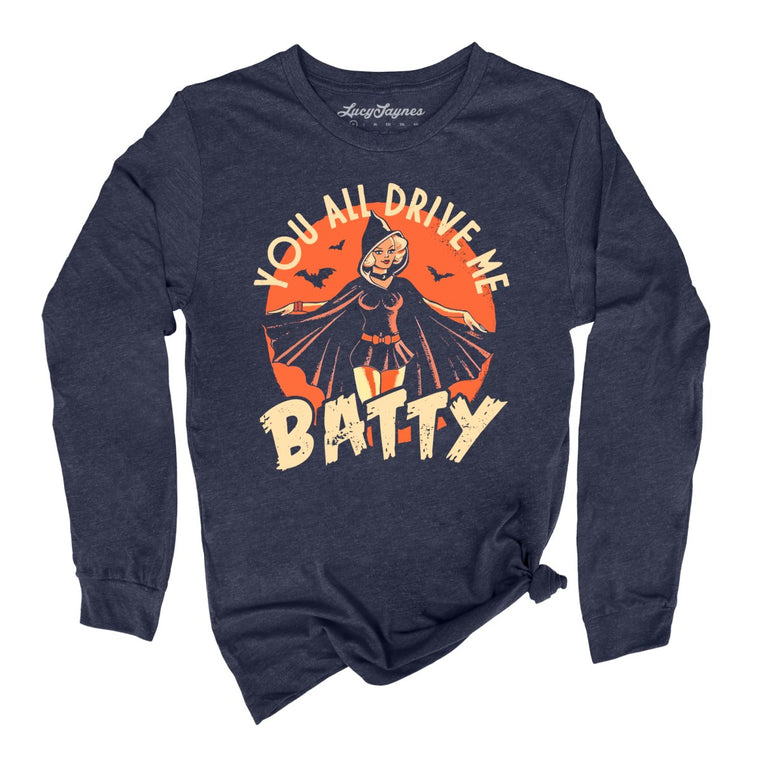 Drive Me Batty Graphic Long Sleeve Tee - Heather Navy