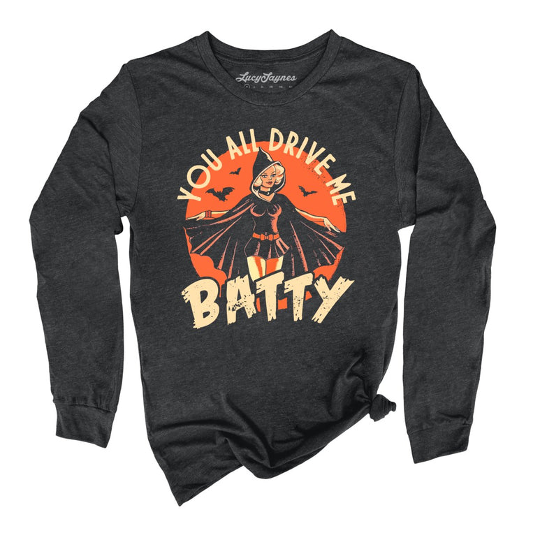 Drive Me Batty Graphic Long Sleeve Tee - Dark Grey Heather