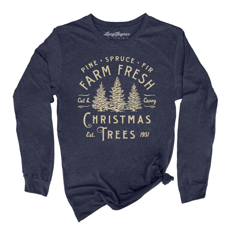 Farm Fresh Christmas Trees Graphic Long Sleeve Tee - Heather Navy