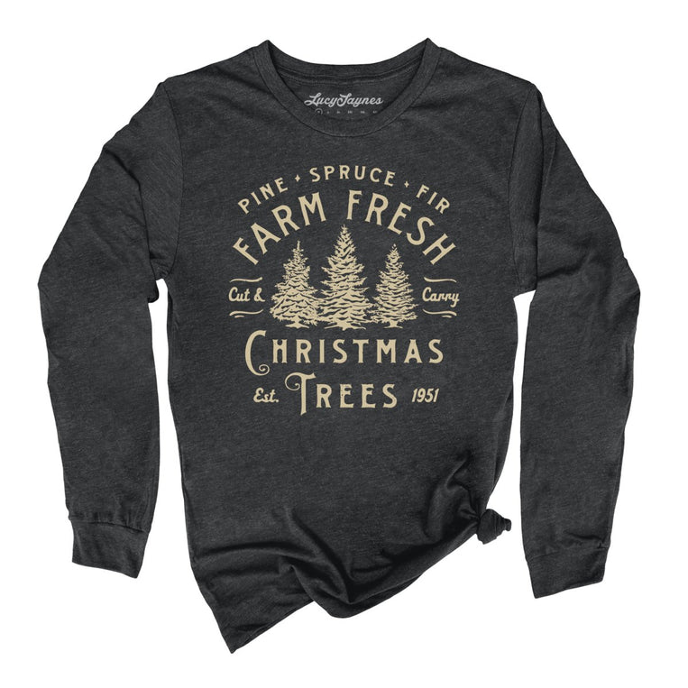 Farm Fresh Christmas Trees Graphic Long Sleeve Tee - Dark Grey Heather