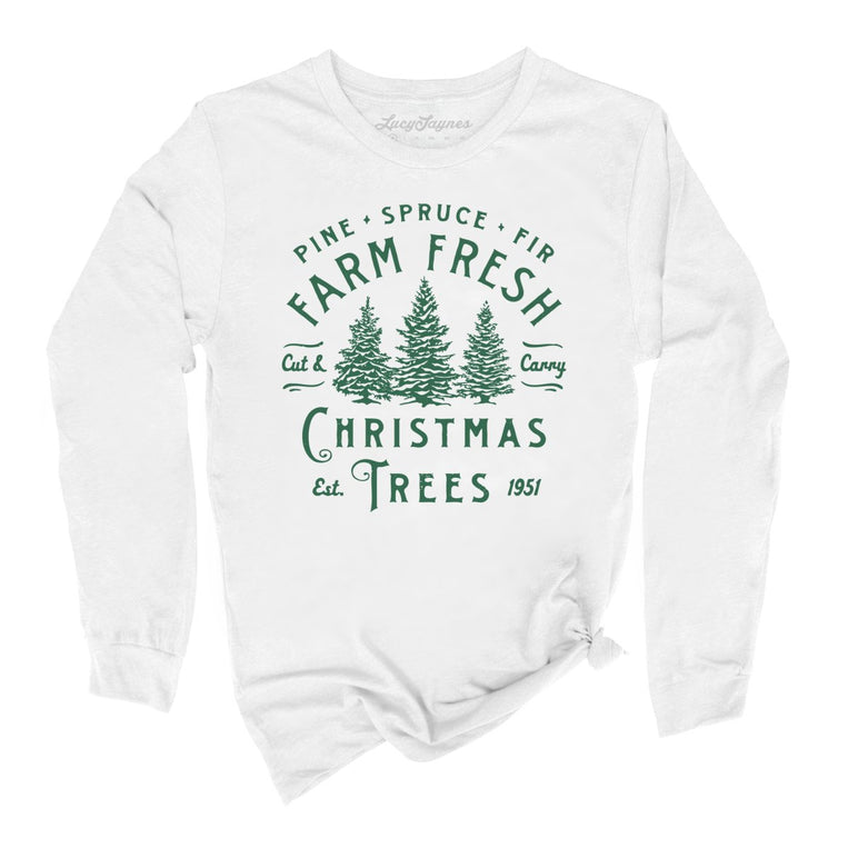 Farm Fresh Christmas Trees Graphic Long Sleeve Tee - White