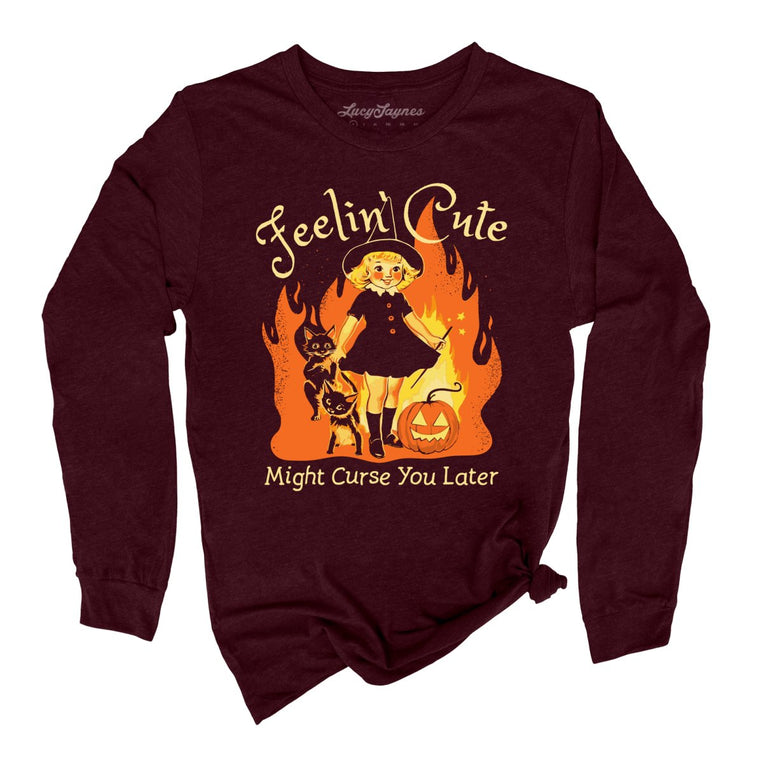 Feelin' Cute Might Curse You Later Graphic Long Sleeve Tee - Heather Cardinal