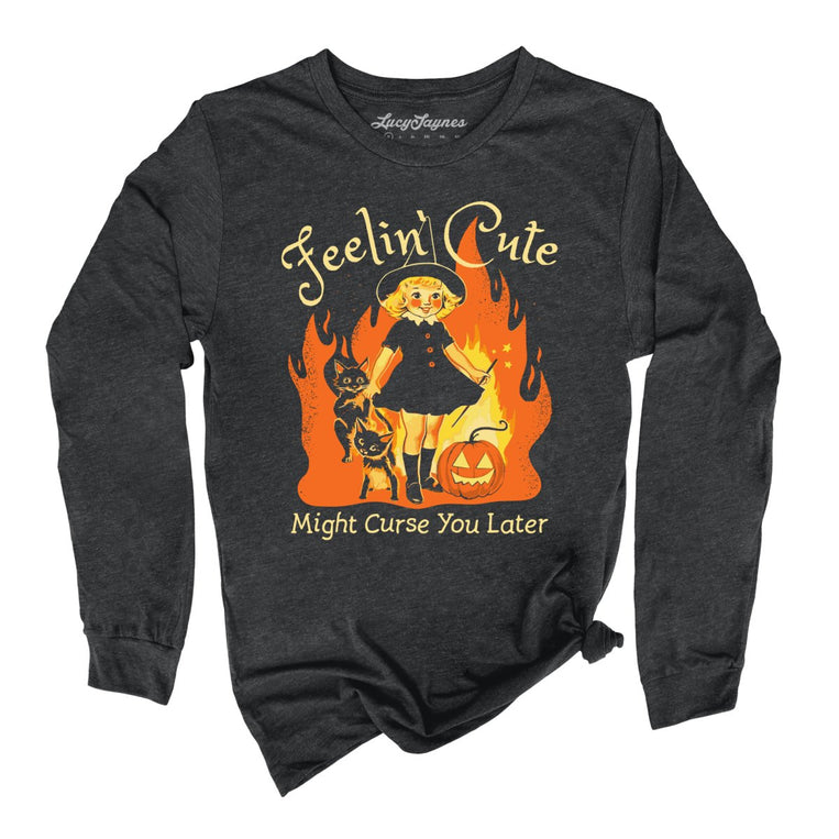 Feelin' Cute Might Curse You Later Graphic Long Sleeve Tee - Dark Grey Heather