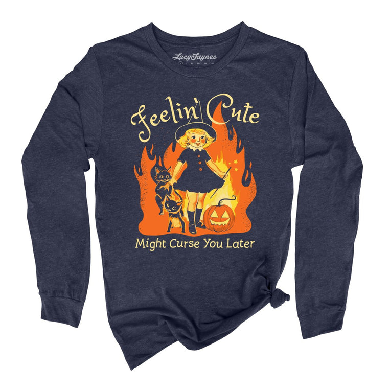 Feelin' Cute Might Curse You Later Graphic Long Sleeve Tee - Heather Navy