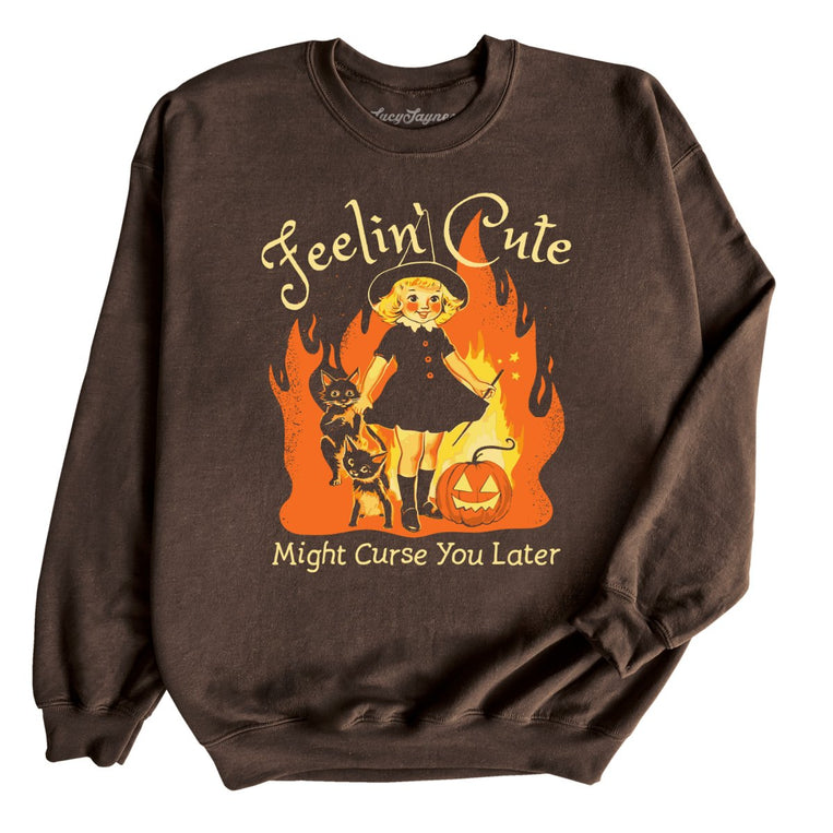 Feelin' Cute Might Curse You Later Graphic Sweatshirt - Dark Chocolate