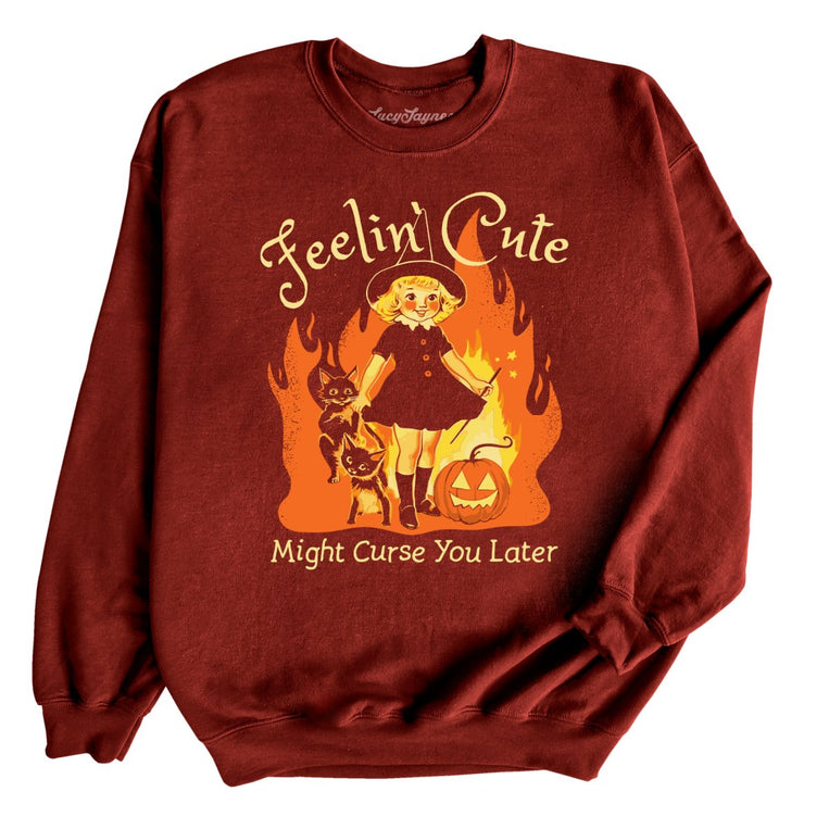 Feelin' Cute Might Curse You Later Graphic Sweatshirt - Garnet