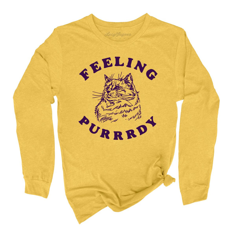 Feeling Purrrdy Graphic Long Sleeve Tee - Heather Yellow Gold