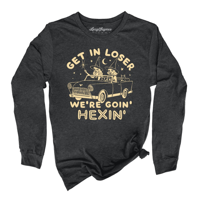 Get In Loser We're Goin' Hexin' Graphic Long Sleeve Tee - Dark Grey Heather