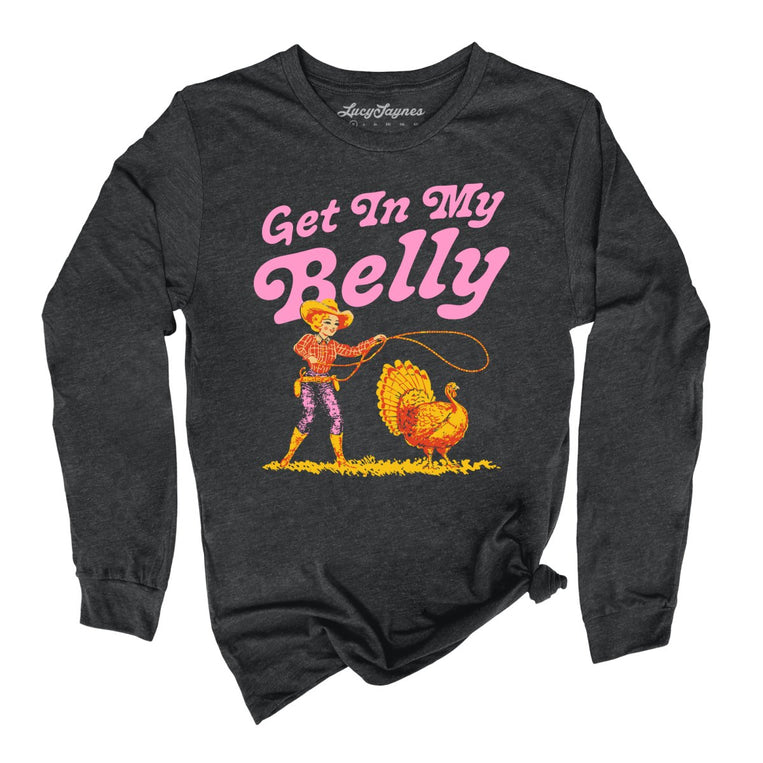 Get In My Belly Graphic Long Sleeve Tee - Dark Grey Heather