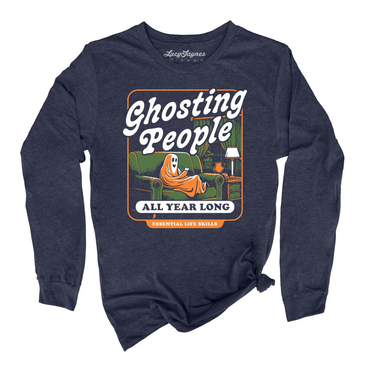 Ghosting People Graphic Long Sleeve Tee - Heather Navy