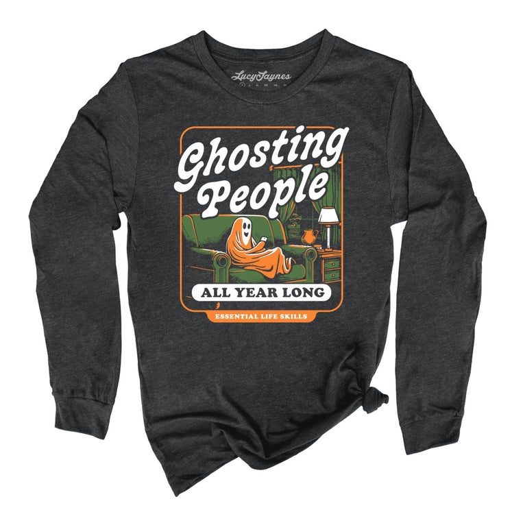 Ghosting People Graphic Long Sleeve Tee - Dark Grey Heather