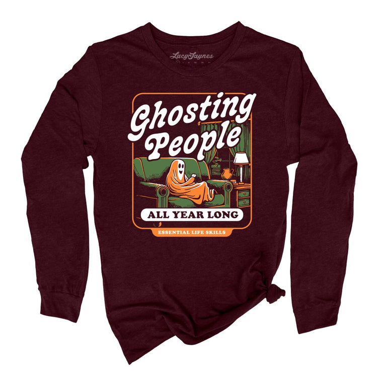 Ghosting People Graphic Long Sleeve Tee - Heather Cardinal