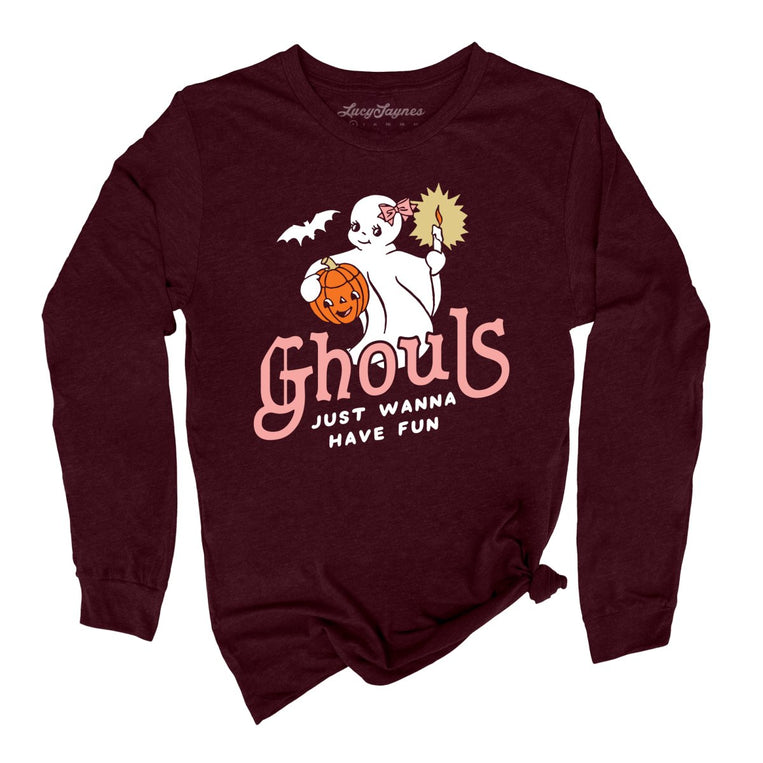 Ghouls Just Wanna Have Fun Graphic Long Sleeve Tee - Heather Cardinal