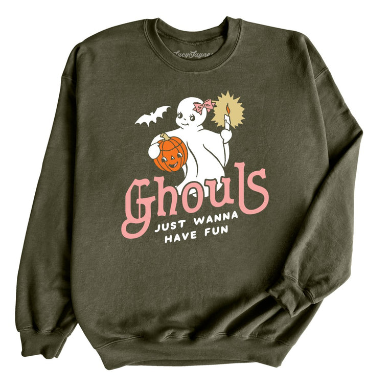 Ghouls Just Wanna Have Fun Graphic Sweatshirt - Military Green