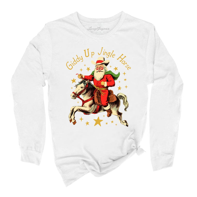 Giddy Up Jingle Horse Graphic Long Sleeve Tee - White