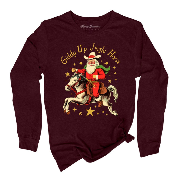 Giddy Up Jingle Horse Graphic Long Sleeve Tee - Heather Cardinal