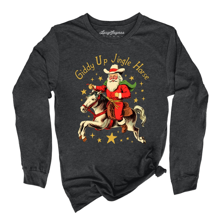 Giddy Up Jingle Horse Graphic Long Sleeve Tee - Dark Grey Heather
