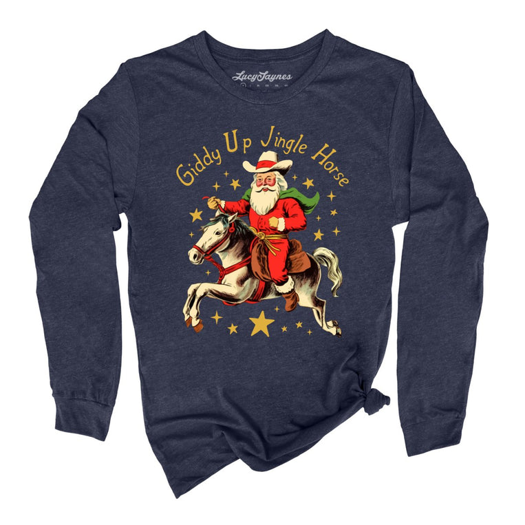 Giddy Up Jingle Horse Graphic Long Sleeve Tee - Heather Navy