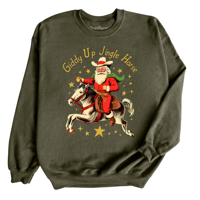 Giddy Up Jingle Horse Graphic Sweatshirt - Military Green