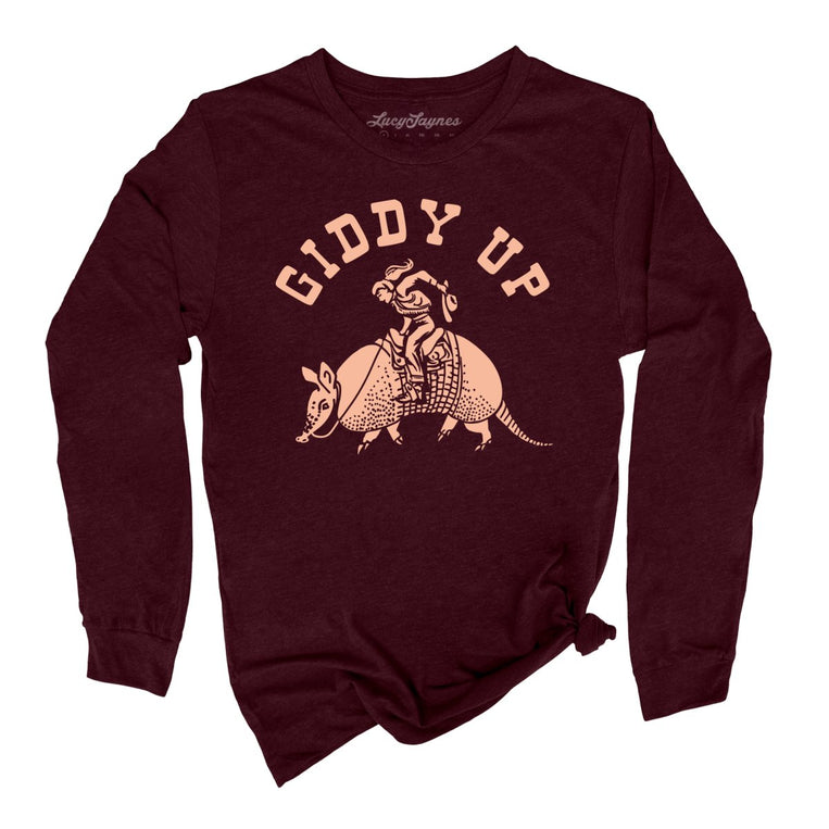 Giddy Up Graphic Long Sleeve Tee - Heather Cardinal
