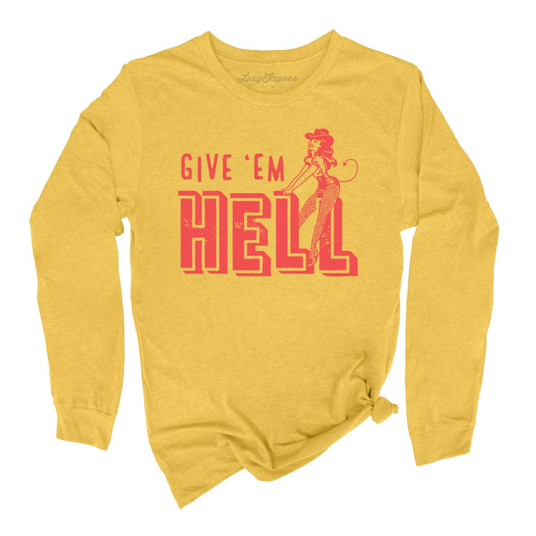 Give 'em Hell Graphic Long Sleeve Tee - Heather Yellow Gold