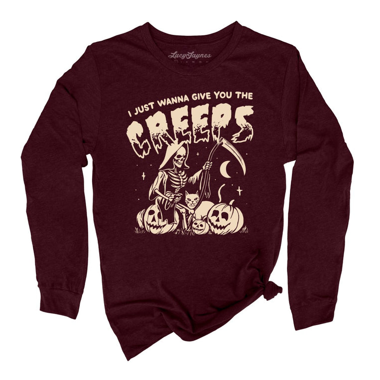 Give You The Creeps Graphic Long Sleeve Tee - Heather Cardinal