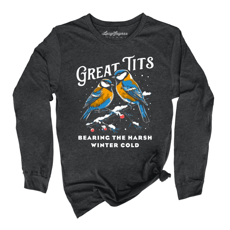 Great Tits Winter Cold Graphic Long Sleeve Tee - Dark Grey Heather