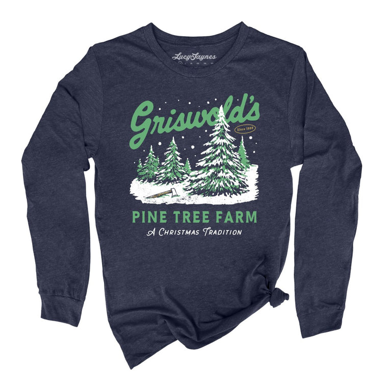 Griswold's Pine Tree Farm Graphic Long Sleeve Tee - Heather Navy